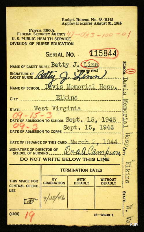 Betty Jane Linn Hull's Cadet Nurse membership card